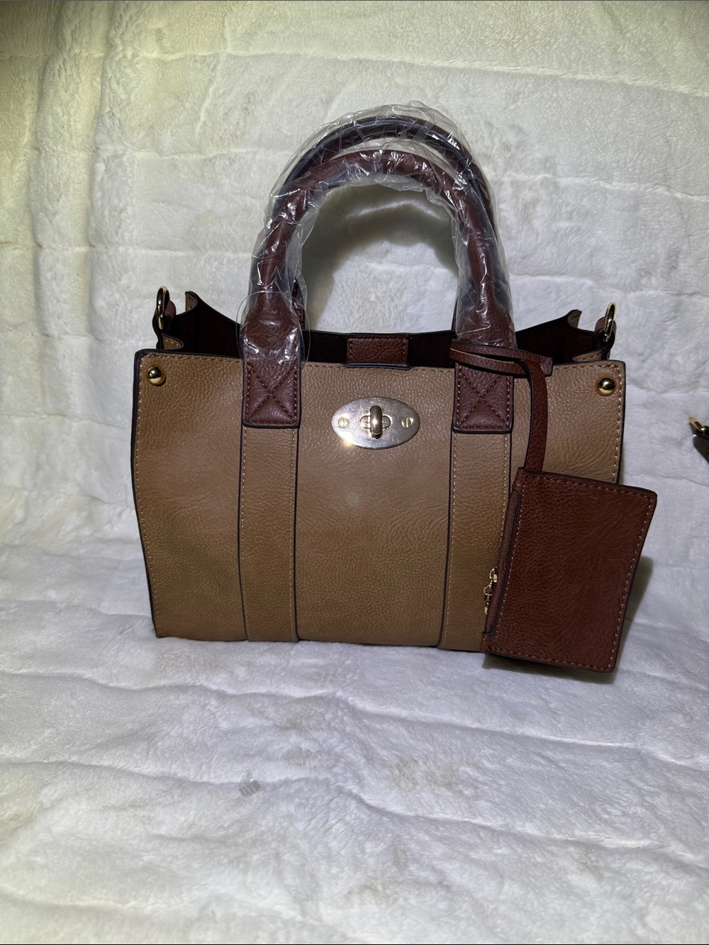 Tan & Brown Structured Tote Bag with snap in pouch and crossbody strap
